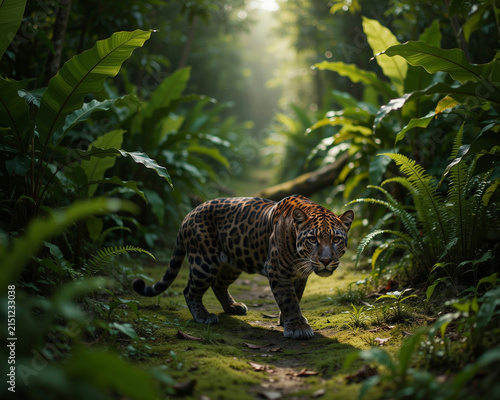 Jaguar Walking on a Forest Path in Sunlight big cat