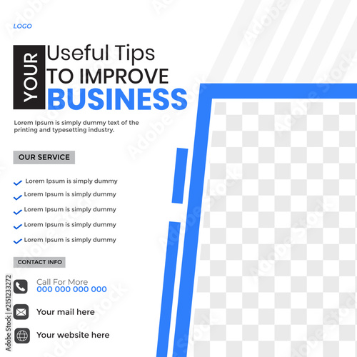 Modern business flyer design with blue accents and placeholder text for branding and contact information