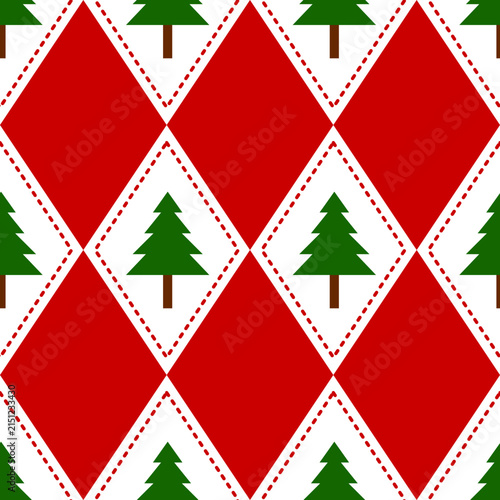 Red and White Argyle Christmas Tree Seamless Pattern Background, suitable for textile design, packaging design, or wallpaper