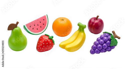 Collection of colorful plastic toy fruits for children isolated on transparent background