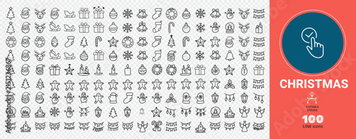Christmas line icons collection. set of santa claus, reindeer, gift, christmas tree, snowman, bell, ornament.