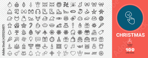 Christmas line icons collection. set of bauble, angel, garland, stocking, gingerbread man, santa claus.