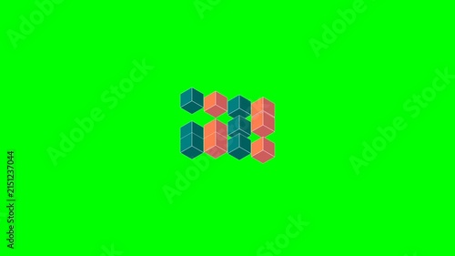 A cluster of blue and red pixel art cubes on a solid vibrant green background