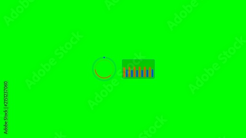 Minimalist graphic showing a loading circle and a bar chart on green screen