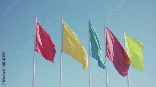 Colorful flags waving in the wind against a blue sky