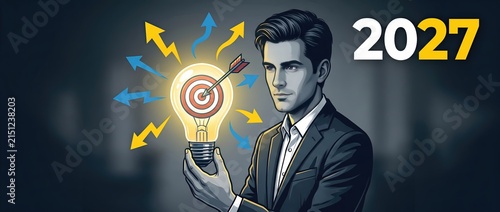 a man holding a lightbulb with a target and dart inside it, symbolizing ideas and goals, with arrows pointing outwards representing progress and success. The year 2027 is displayed prominently