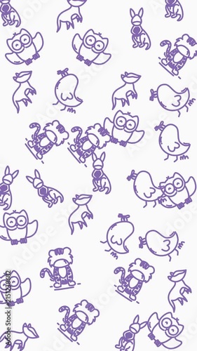 plain white background Purple outline illustrations of owls, kangaroos, cats, birds in a repeated pattern suitable for fabric prints, stationery, and accessories design.