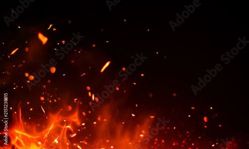 Realistic fire sparks and embers on a black background glowing orange and red flames
