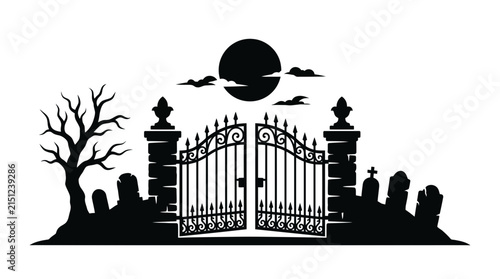 Cemetery gate with bare tree and tombstones black silhouette design