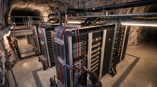 Obraz na płótnie Underground server room in rock cave with high tech hardware liquid cooling pipes professional technician working on data racks secure subterranean information technology facility