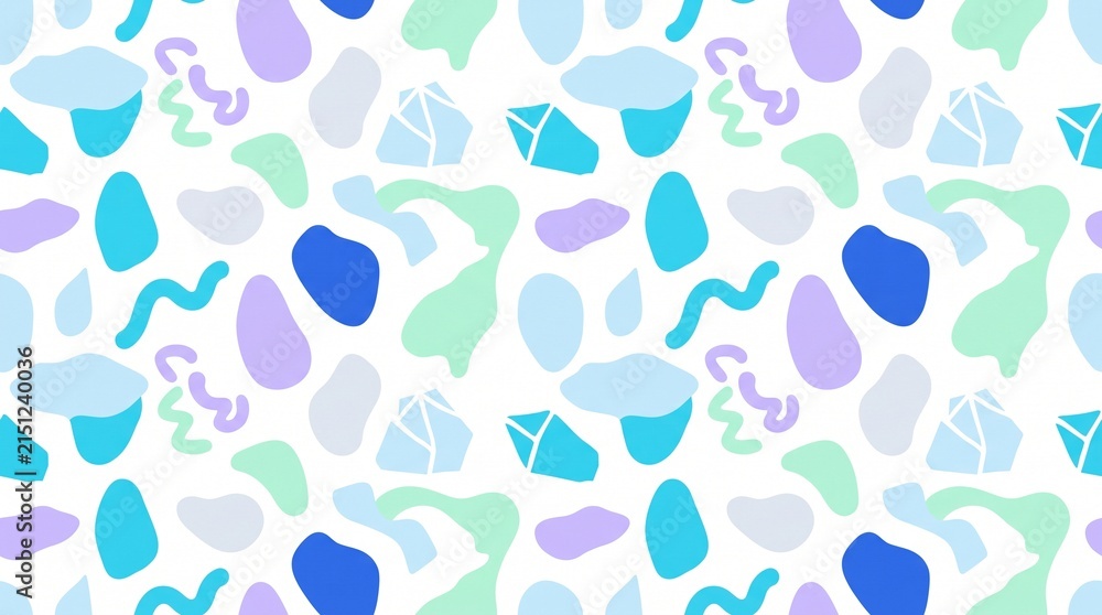 Seamless pattern with abstract organic shapes in soft blue and purple colors.