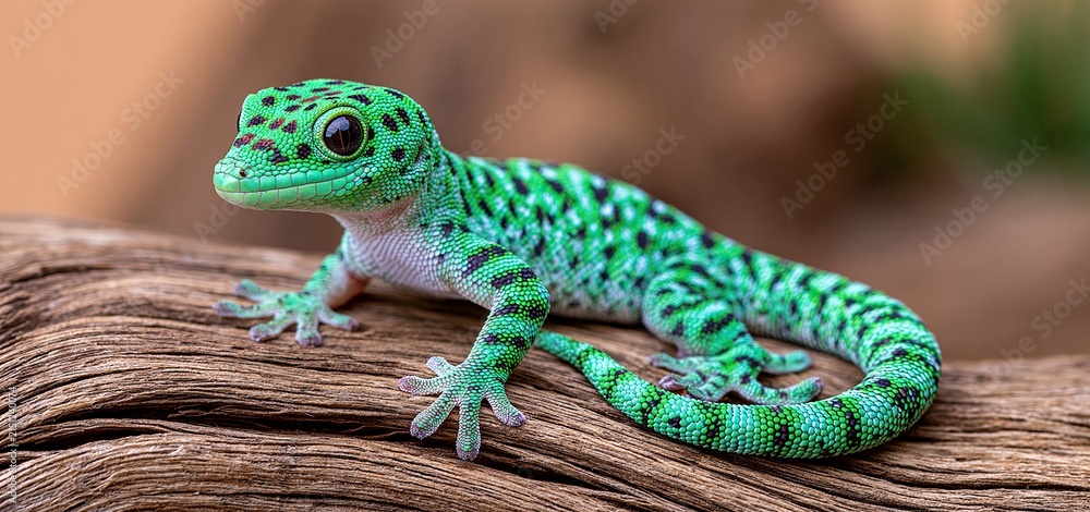 Obraz premium Emerald gecko resting on weathered wood, highlighting detailed scales and a curled tail in natural light.
