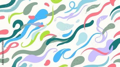 Seamless pattern with abstract colorful fluid shapes and wavy lines on white background.