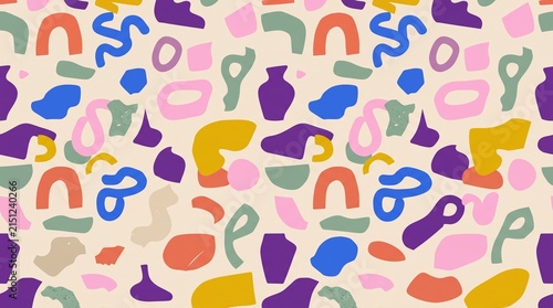 Seamless pattern with colorful abstract shapes and organic forms on a light background.