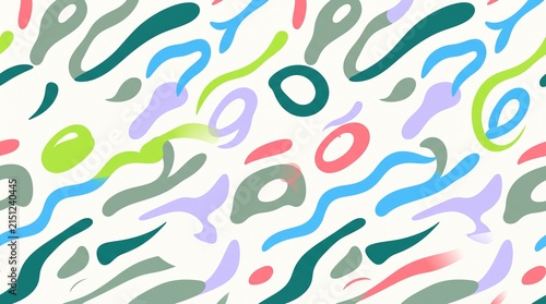 Seamless pattern with colorful abstract organic shapes and fluid lines on a white background.
