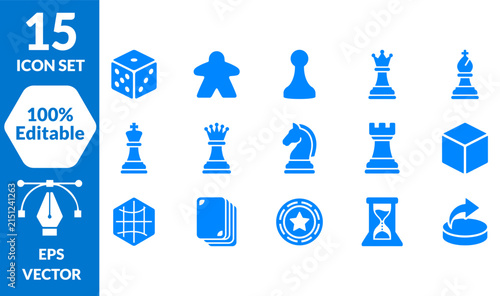 15 Editable Board Game Icons Set. Blue Vector Chess Pieces, Dice, Cards, Timer & Restart Symbol. Flat Design for Logic, Competition and Strategy Apps.