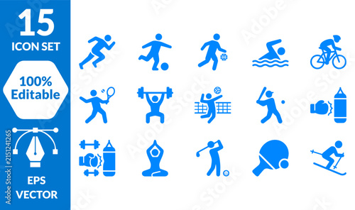 15 Sport Icons Set. Blue vector symbols for soccer, tennis, golf, swimming, cycling, boxing, yoga, skiing. EPS editable collection for web design, infographics.