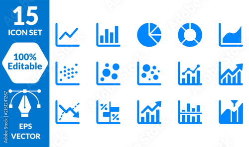 15 business chart icons set. Blue infographic symbols for statistic, graph, and financial analysis. Flat editable vector elements for presentation, web, ui, and report design.