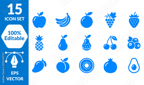 Fruit icons set. 15 editable vector symbols. Blue apples, bananas, berries, tropical, and citrus. Flat style for design, web, and packaging.