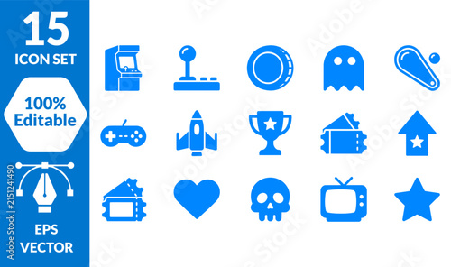 Blue Retro Video Game and Arcade Icon Set for Gaming UI Design