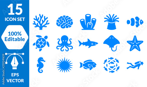 Collection of blue marine life and ocean fauna icons vector set