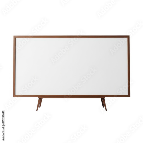 Modern flat screen tv on wooden stand isolated on white background