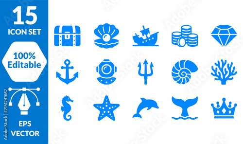 Collection of Blue Sea and Ocean Themed Graphic Icons for Nautical Marine Design Projects