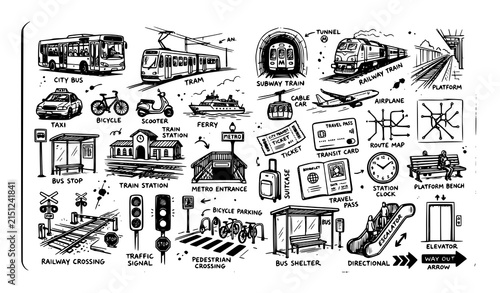 Hand Drawn Public Transportation Urban Travel Thin Line Icon Collection