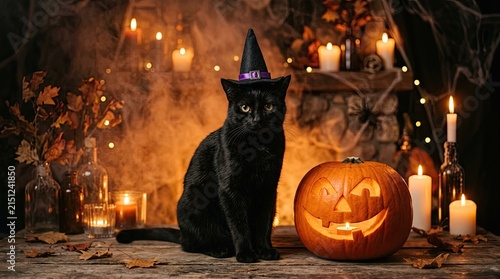 A mysterious black halloween cat wearing a small witch hat sitting next to a glowing carved pumpkin in a candlelit room