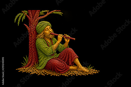 
Traditional Bengali flute player crafted entirely from colorful rice grains beneath a stylized tree on a black background.

