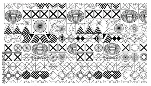 Complex abstract seamless vector pattern featuring geometric shapes line art and wireframe torus elements