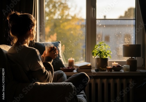 Cozy Autumn Moment: A woman sits by the window, holding a warm mug, and gazing out at the autumn scenery, embracing a moment of quiet contemplation and comfort.