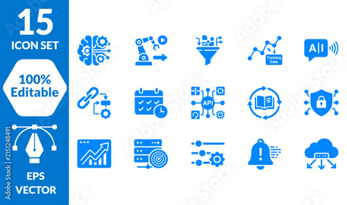 Collection of Blue Vector Artificial Intelligence and Data Analytics Icons for Modern Web Design