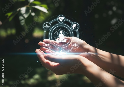 Holistic Well-being in Open Hands: A serene representation of holistic health and well-being, with a glowing digital interface depicting meditation, heart rate, and Yin Yang symbols.