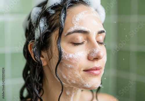Woman Washing Hair: A close-up portrait of a woman with her eyes closed, her face and hair covered in soap suds as she washes her hair in the shower.
