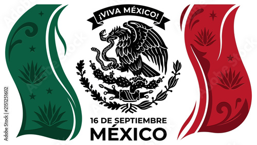 Mexican Independence Day background design with coat of arms and flag colors on white