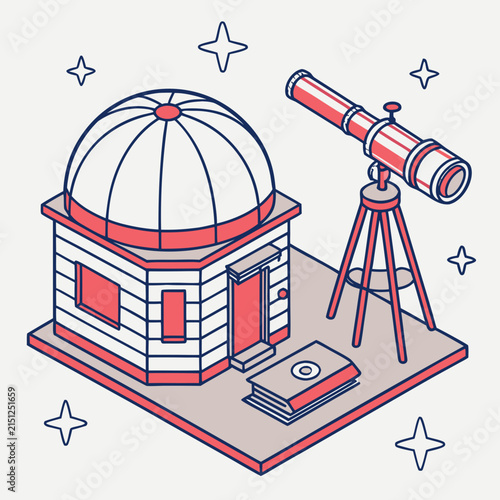 Isometric astronomical observatory with large telescope and star background, observatory
