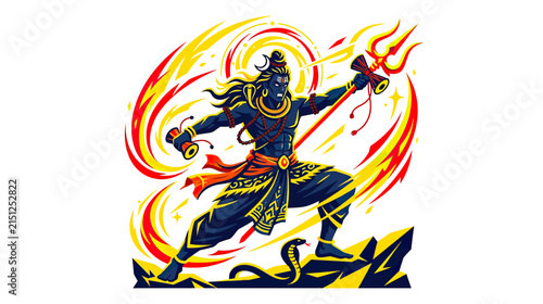 Bild auf Leinwand Powerful Deity with Trident and Drum, Fiery Aura
