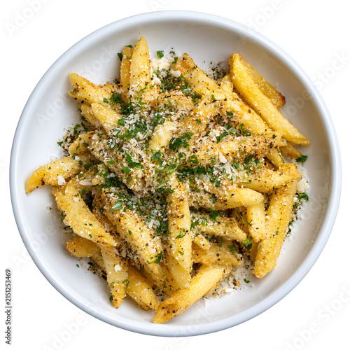 Crispy French Fries with Parmesan Cheese and Parsley in a White Bowl