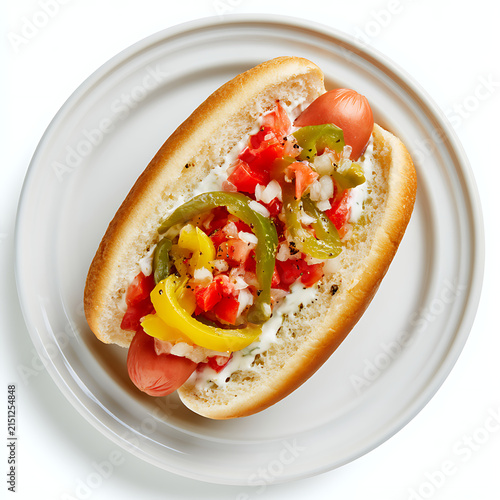 Hot dog with fresh diced tomatoes peppers and white sauce on plate isolated on white background