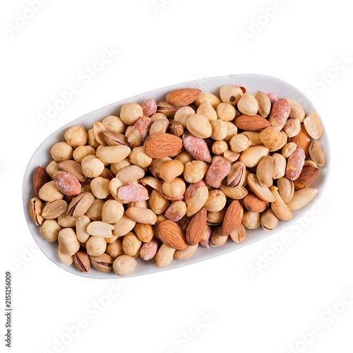 Konstfotografi Roasted and spiced, colorful medley of mixed nuts, including almonds, peanuts, cashews, and spiced or coated party dry fruits nuts, healthy snack mix, snack bowl