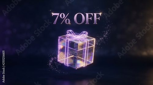 Glowing 3D holographic gift box with 7 percent off discount text for retail sale promotion.