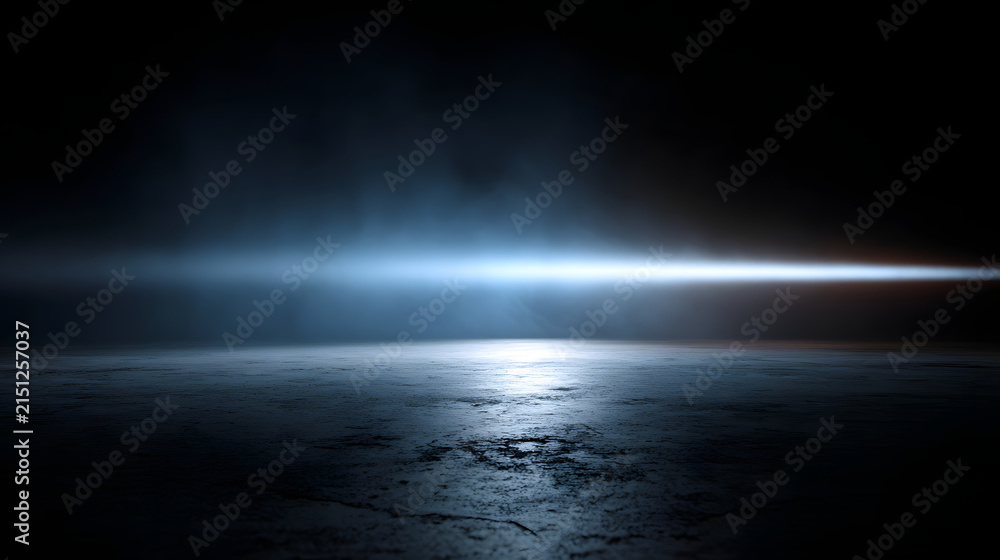 Fototapeta premium Low angle cinematic light beam through haze over reflective concrete floor, moody blue gradient horizon with subtle fog and dramatic spotlight