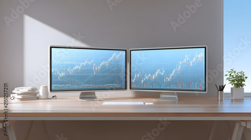 Dual monitor setup minimalist office desktop with two widescreen monitors displaying financial stock charts and upward trend lines in natural light, wooden desk and small plant adding calm ambiance