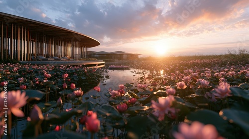 Lotus flowers bloom in a vibrant pink field surrounding a circular wooden pavilion at sunset.