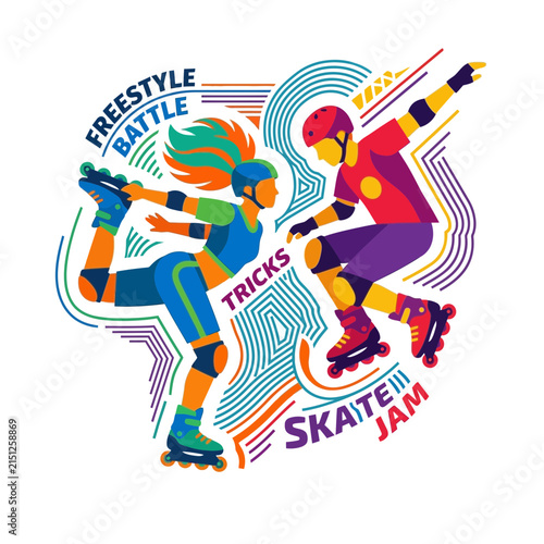 Man and woman performing freestyle roller skating tricks at a skate jam battle event