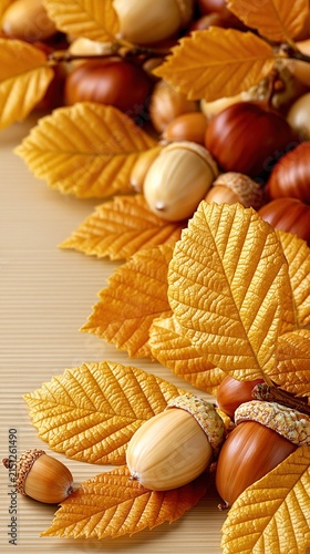 Chestnut and acorns resting on colorful autumn leaves and rustic wood, ideal for seasonal greeting cards, harvest stories and fall campaigns.