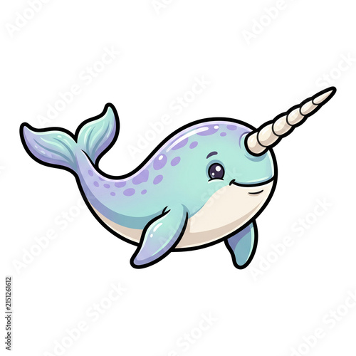 Whimsical Narwhal Illustration: A charming, cartoon-style narwhal with a distinctive spiral tusk, pastel blue and purple coloring, and a friendly smile swims in an aquatic fantasy setting.