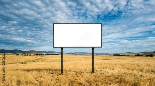 A large blank white billboard standing in the middle of a dry golden field under a bright blue cloudy sky