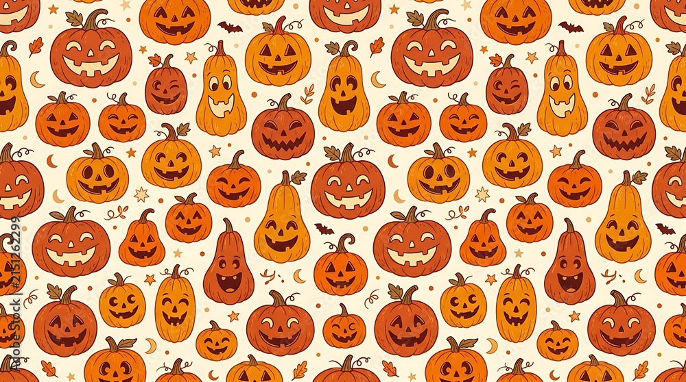 Seamless halloween pattern with cute smiling orange pumpkins and bats